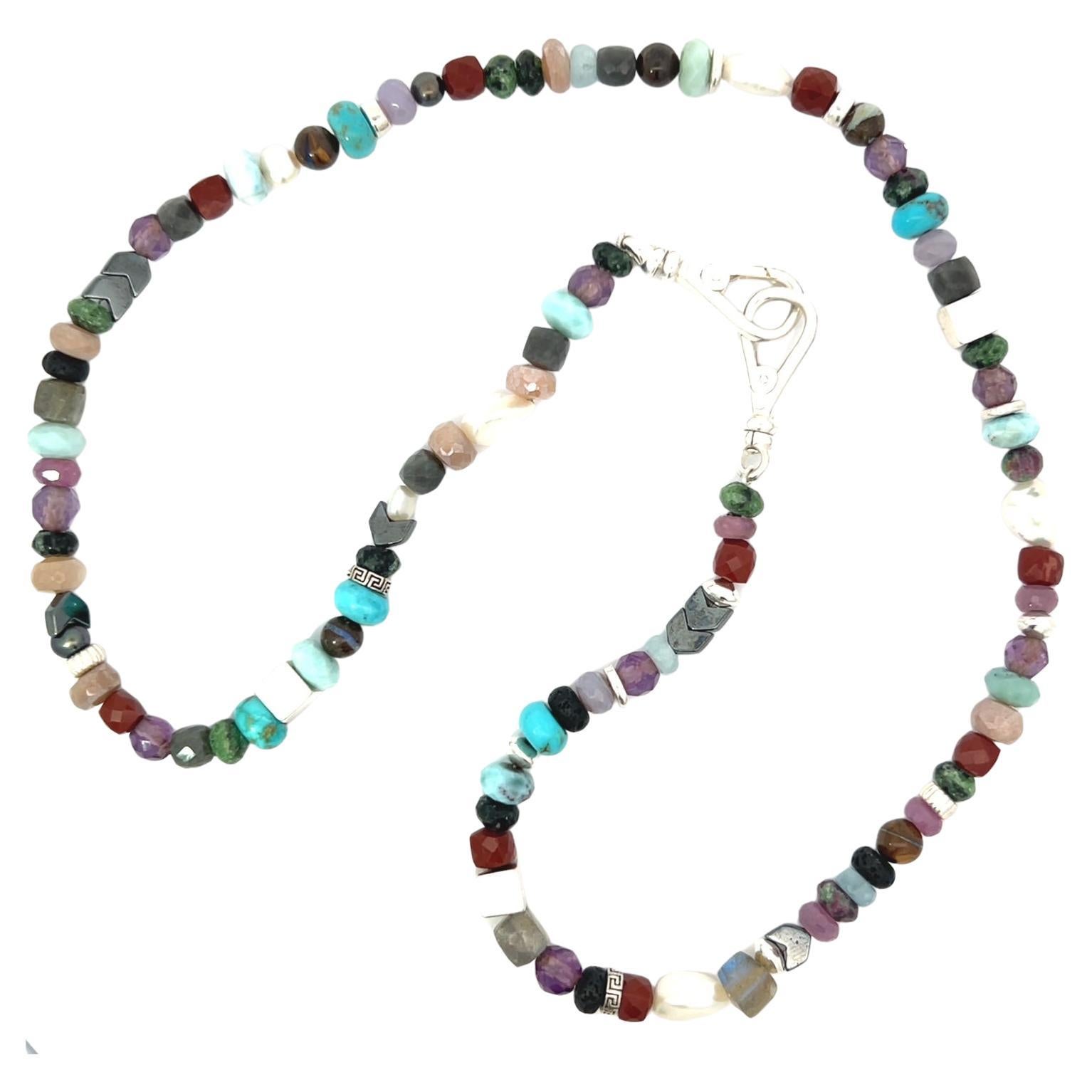 Collar Multi Piedras 22.5" Turquesa Perla Piedra de Luna Ópalo Zafiro Rosa Cuarzo