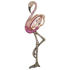 Multi Stone Pave Flamingo Pendant 18 Karat in Stock