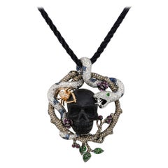 Multi Stone Pave Skull & Snake Pendant Necklace 18 Karat in Stock