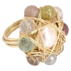 Multi-Stone & Pearl 14 Kt Gold Filled One of a Kind Cocktail Ring by the Artist