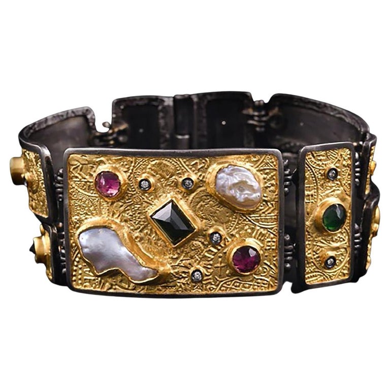 Multi Stone and Pearl Couture Bracelet w/ Byzantine Coin Surface by  Kurtulan For Sale at 1stDibs