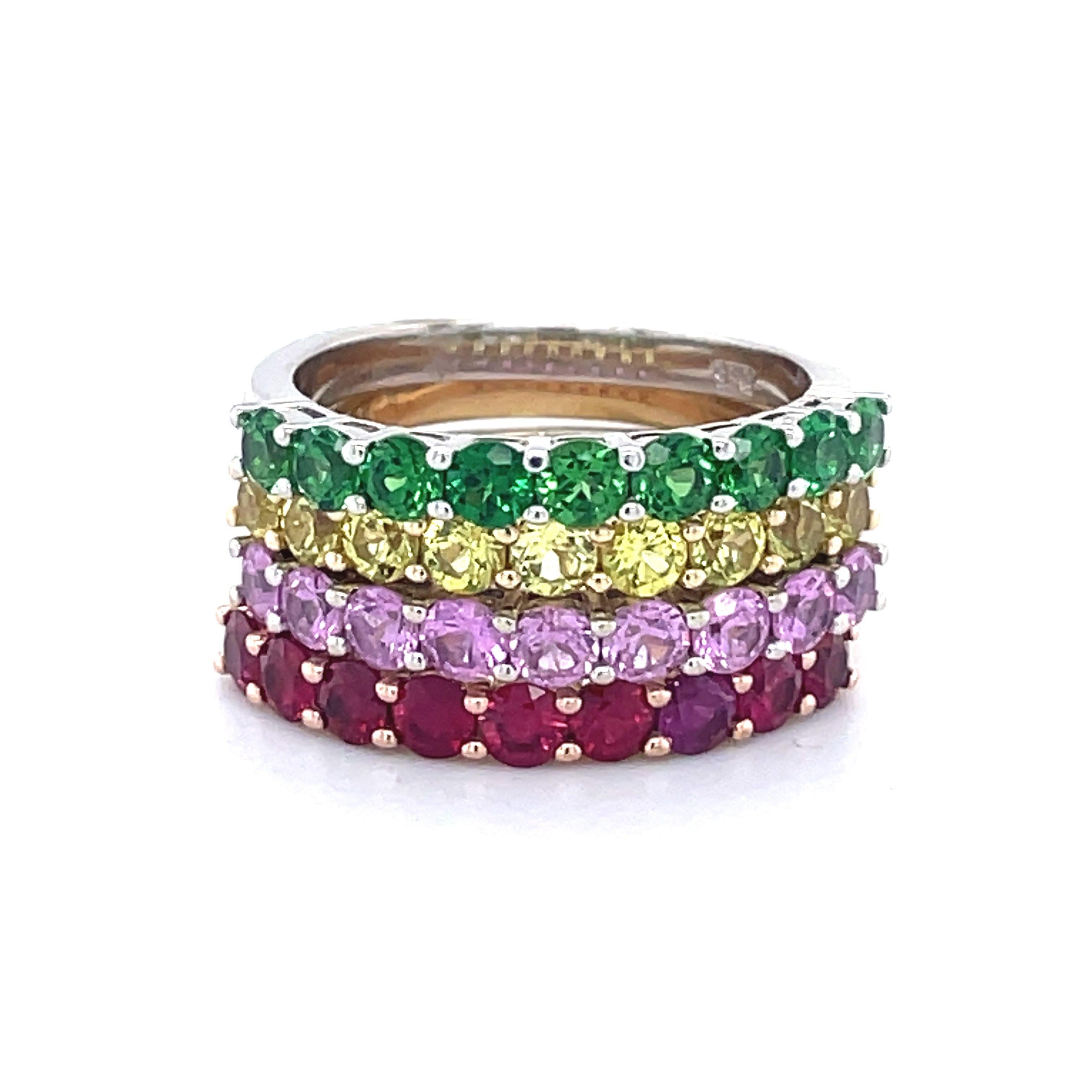 Multi-stone RING SET, 14K multi-color Gold, Pink+Yellow Sapphire, Ruby, Zavorite In New Condition For Sale In Ramat Gan, IL
