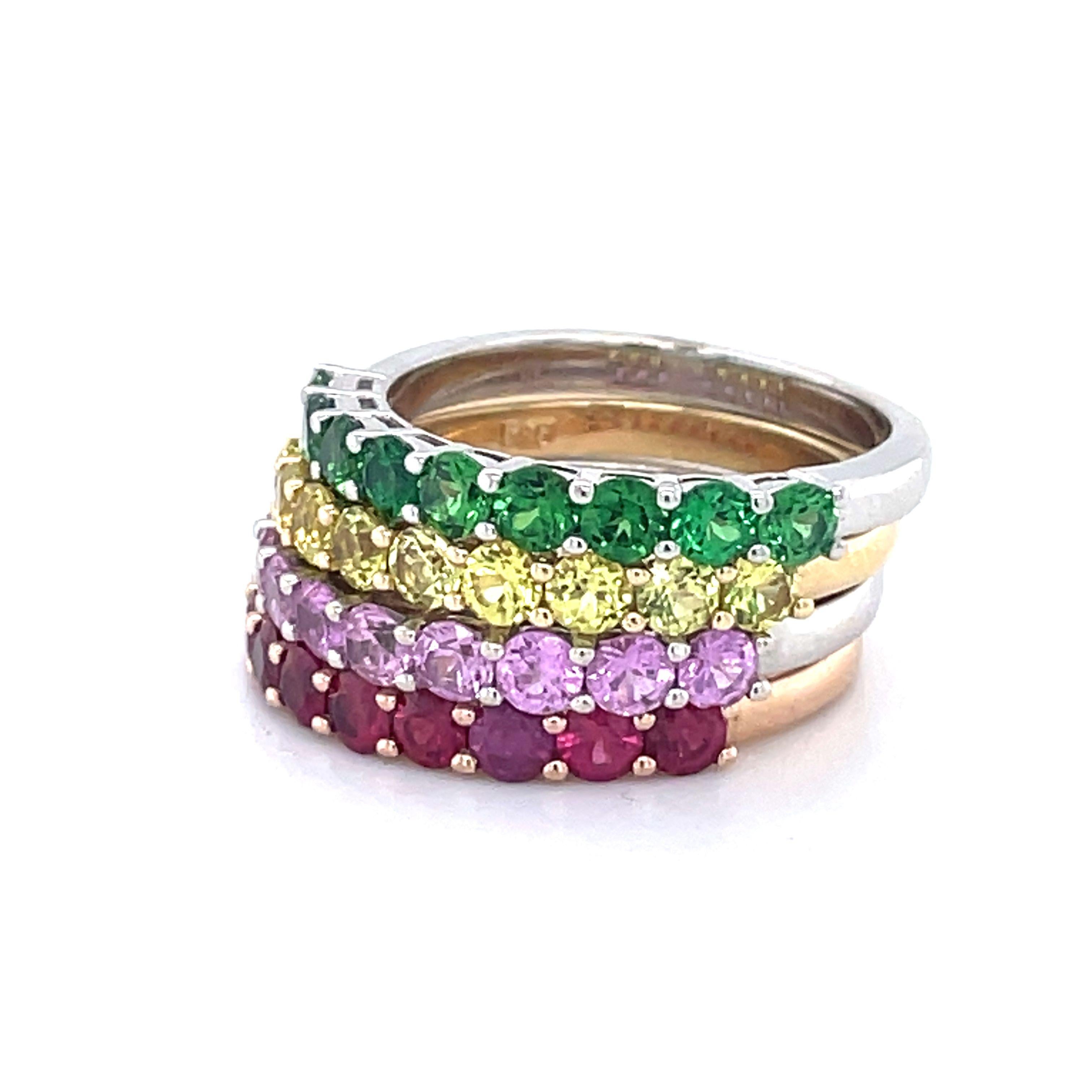 Women's Multi-stone RING SET, 14K multi-color Gold, Pink+Yellow Sapphire, Ruby, Zavorite For Sale