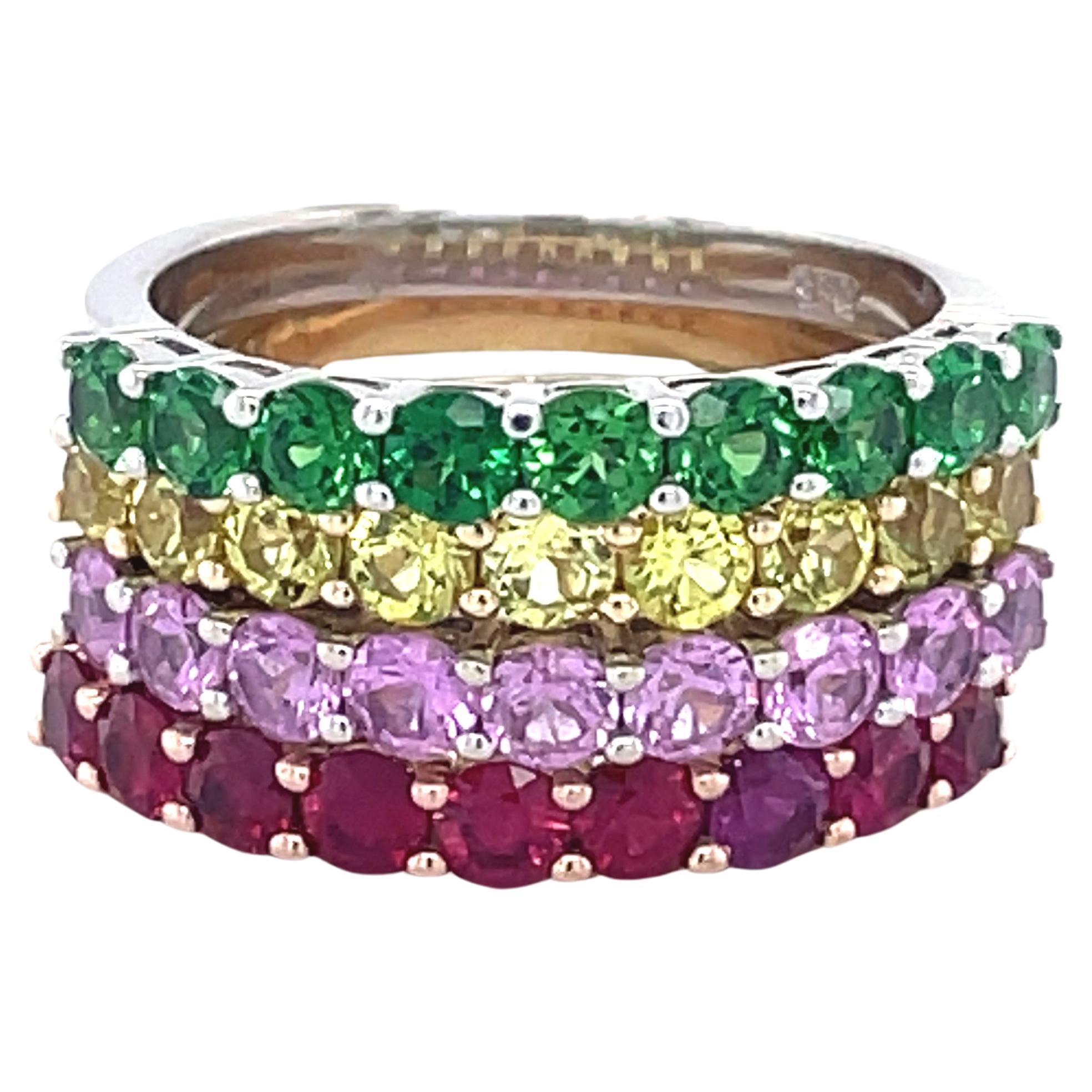 Multi-stone RING SET, 14K multi-color Gold, Pink+Yellow Sapphire, Ruby, Zavorite For Sale