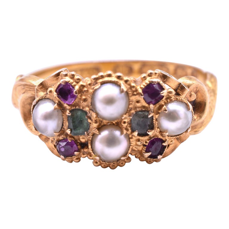 HM 1869 Multi-Stone Ruby Emerald and Pearl Ring of Suffrage Colors