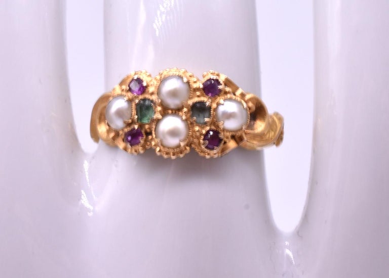 Victorian HM 1869 Multi-Stone Ruby Emerald and Pearl Ring of Suffrage Colors