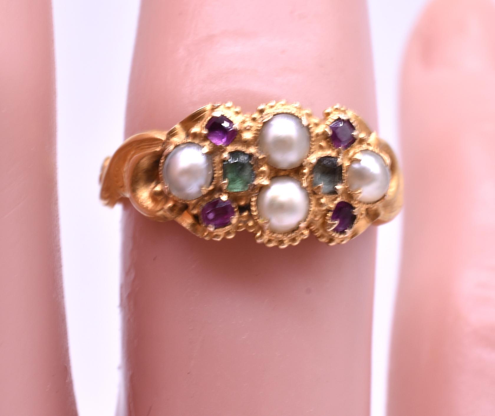 HM 1869 Multi-Stone Ruby Emerald and Pearl Ring of Suffrage Colors In Excellent Condition In Baltimore, MD