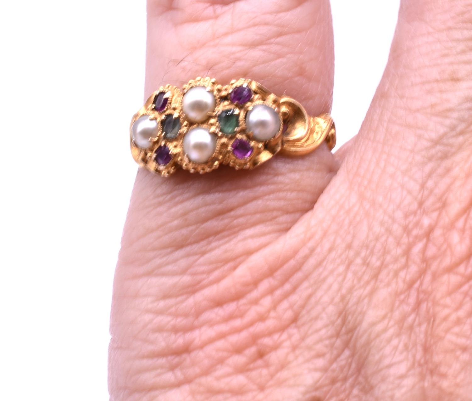Victorian HM 1869 Multi-Stone Ruby Emerald and Pearl Ring of Suffrage Colors