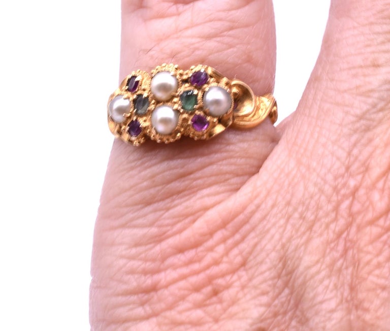 Old Mine Cut HM 1869 Multi-Stone Ruby Emerald and Pearl Ring of Suffrage Colors