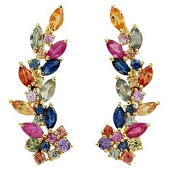 Boucles d'oreilles feuille d'or 14 carats multi-pierres saphir