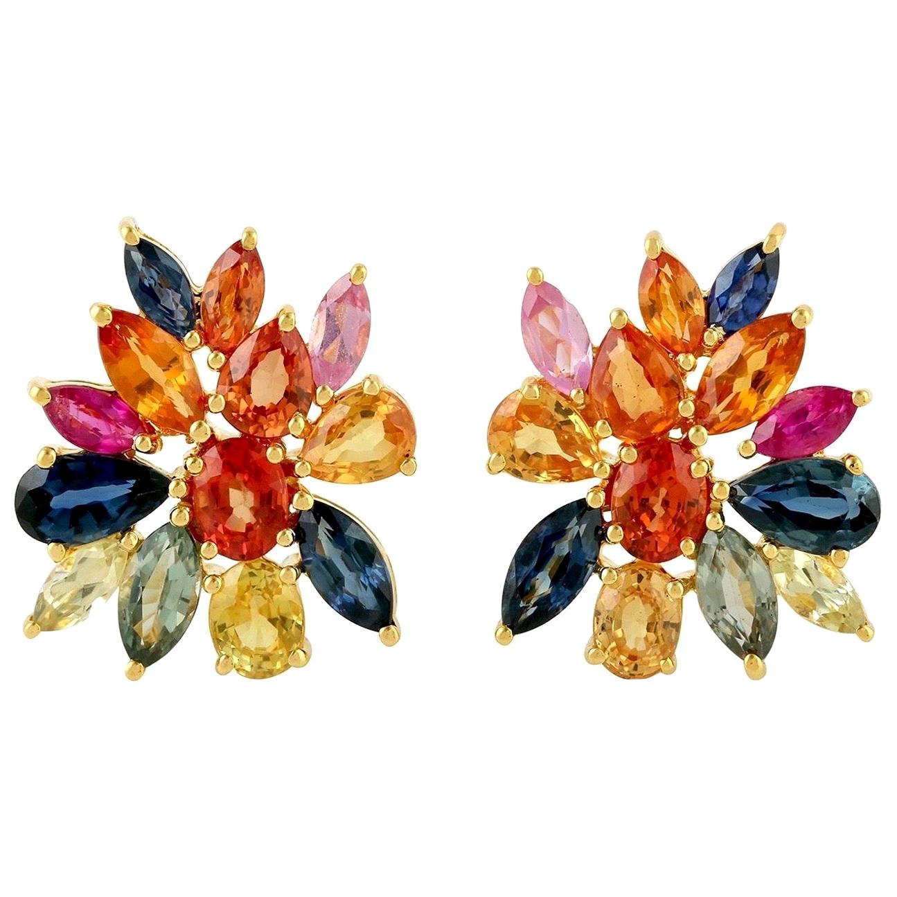 Multi Stone Sapphire 18 Karat Gold Cluster Stud Earrings For Sale