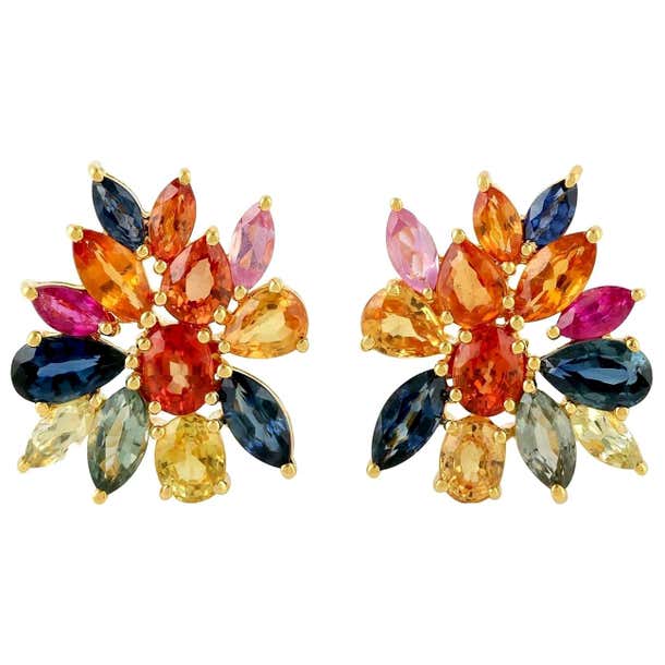 Multi Stone Sapphire 18 Karat Gold Cluster Stud Earrings For Sale at ...