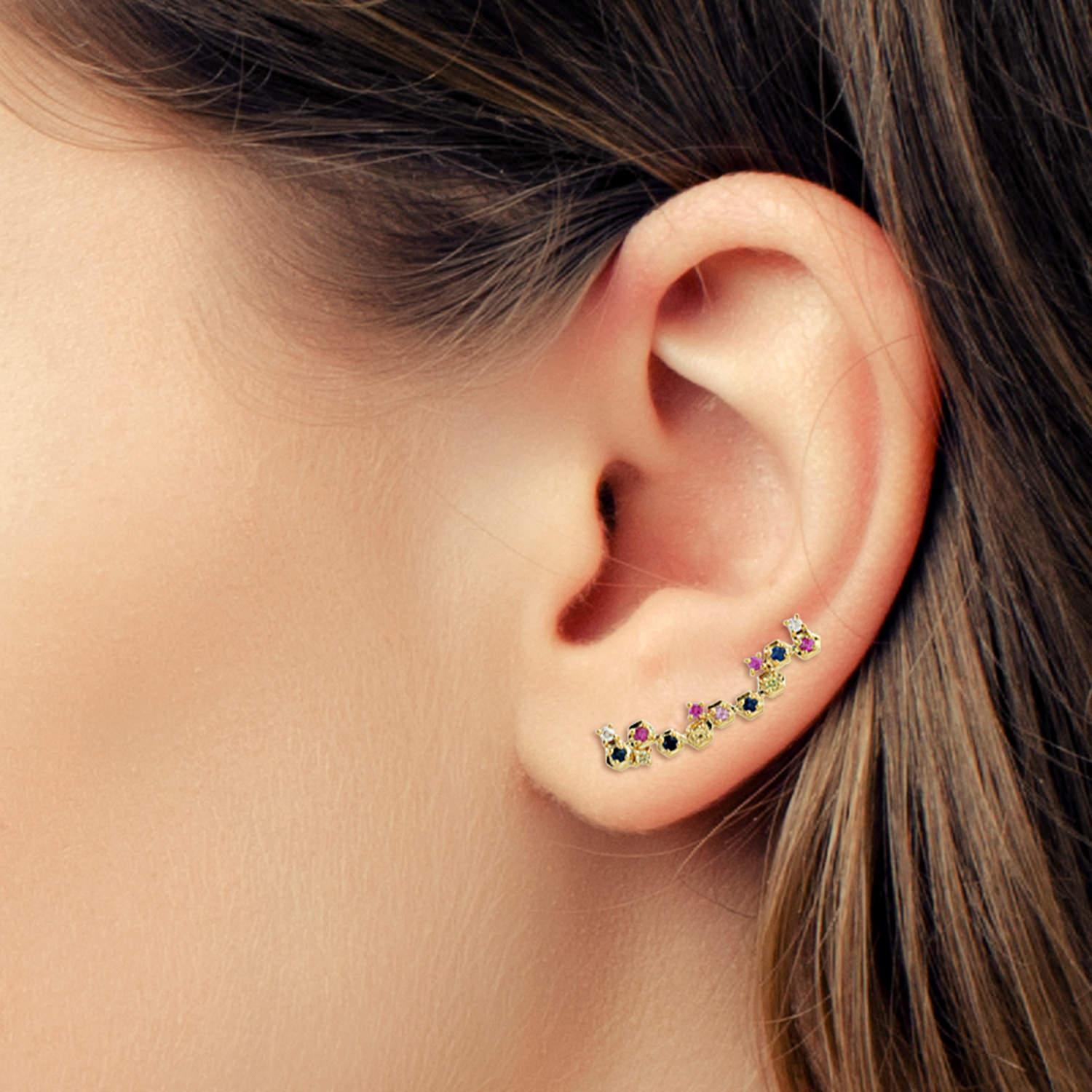 These ear climbers are handmade in 18-karat gold. It is set in .07 carats diamonds & beautifully detailed with .51 carats multi sapphire. Show off their unique style by sweeping your hair back.

FOLLOW  MEGHNA JEWELS storefront to view the latest