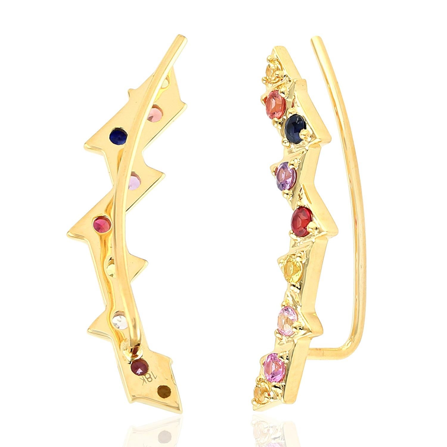 Contemporary Multi Stone Sapphire 18 Karat Gold Ear Climbers For Sale