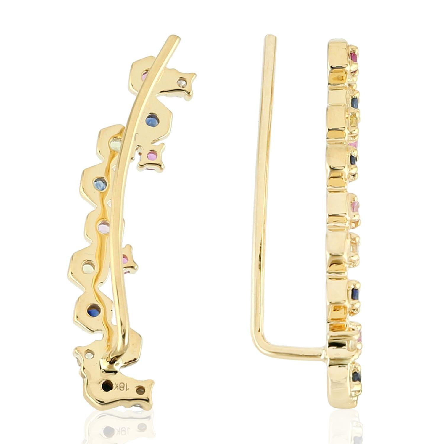 Contemporary Multi Stone Sapphire 18 Karat Gold Ear Climbers For Sale