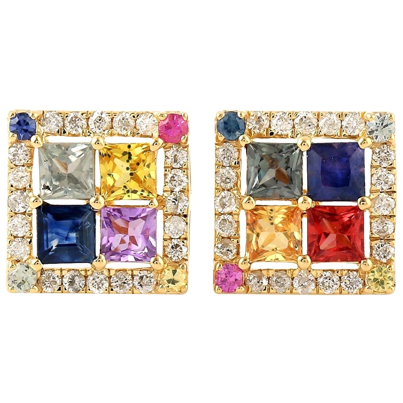 Multi Stone Sapphire 18 Karat Gold Square Stud Earrings For Sale