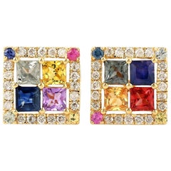 Multi Stone Sapphire 18 Karat Gold Square Stud Earrings