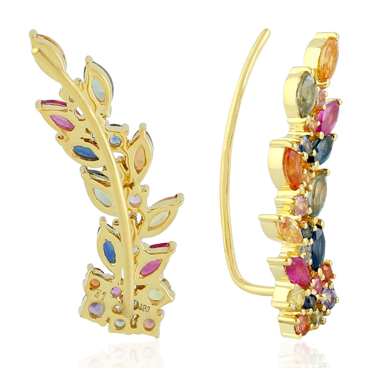 Contemporaneo Multi Stone Sapphire 18 Karat Leaf Ear Climbers in vendita