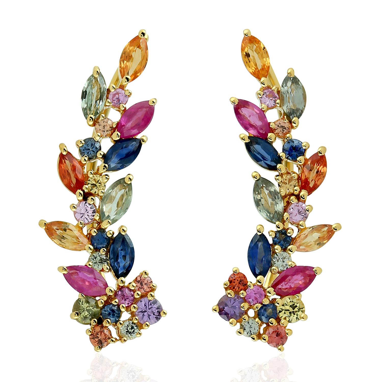 Taglio misto Multi Stone Sapphire 18 Karat Leaf Ear Climbers in vendita