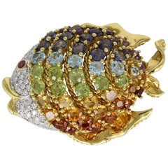 Vintage Multi-Stone Sapphire, Amethyst, Citrine, Aqua Diamond Ruby Fish Pin in 18 Karat