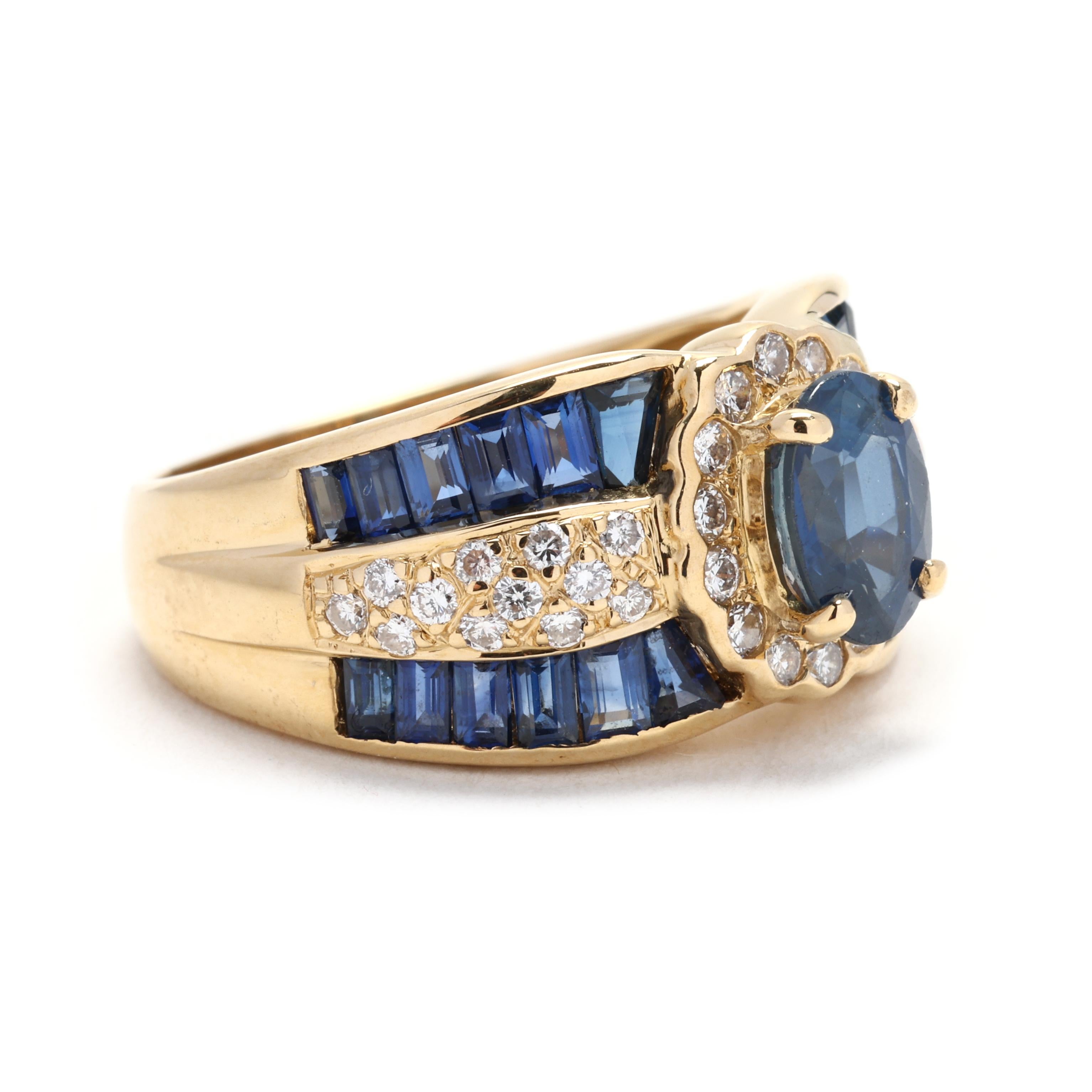 This stunning multi-stone sapphire and diamond cocktail ring is crafted in 14K yellow gold and is available in a ring size 6. The ring features a vibrant array of blue colored sapphire stones set in a cluster design. These gemstones are complemented