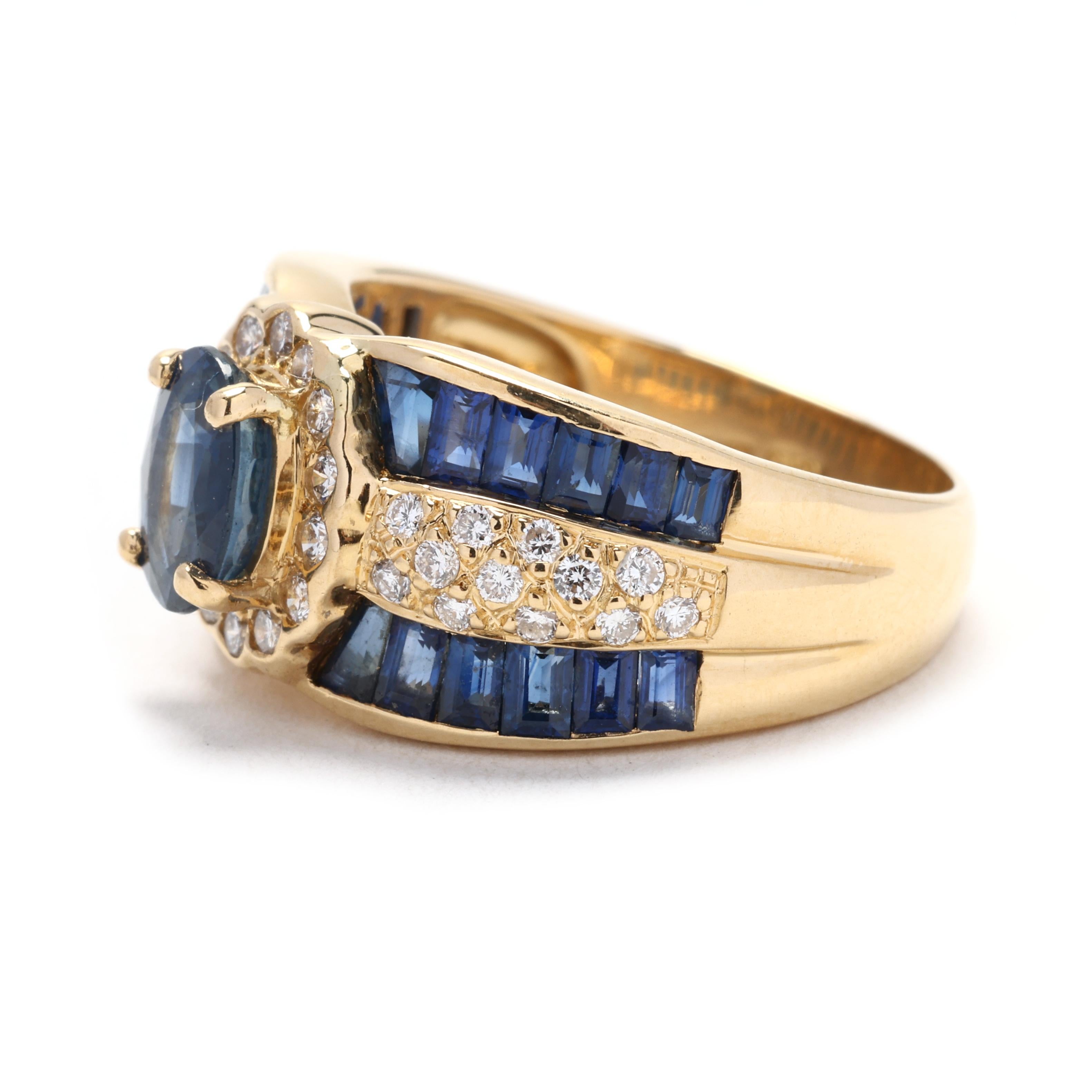Multi Stone Sapphire and Diamond Cocktail Ring, 14K Yellow Gold, Ring Size 6 In Good Condition For Sale In McLeansville, NC