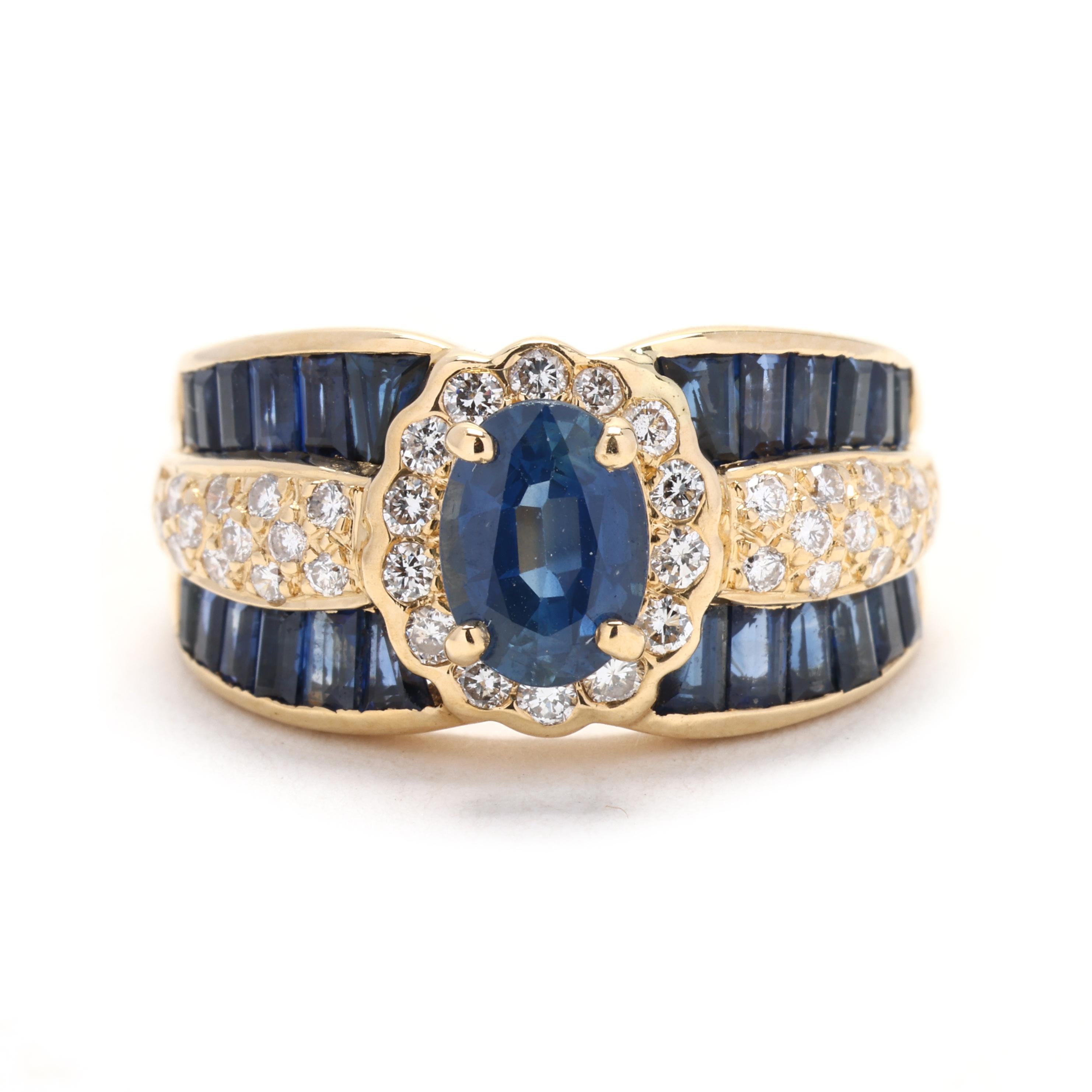 Multi Stone Sapphire and Diamond Cocktail Ring, 14K Yellow Gold, Ring Size 6 For Sale