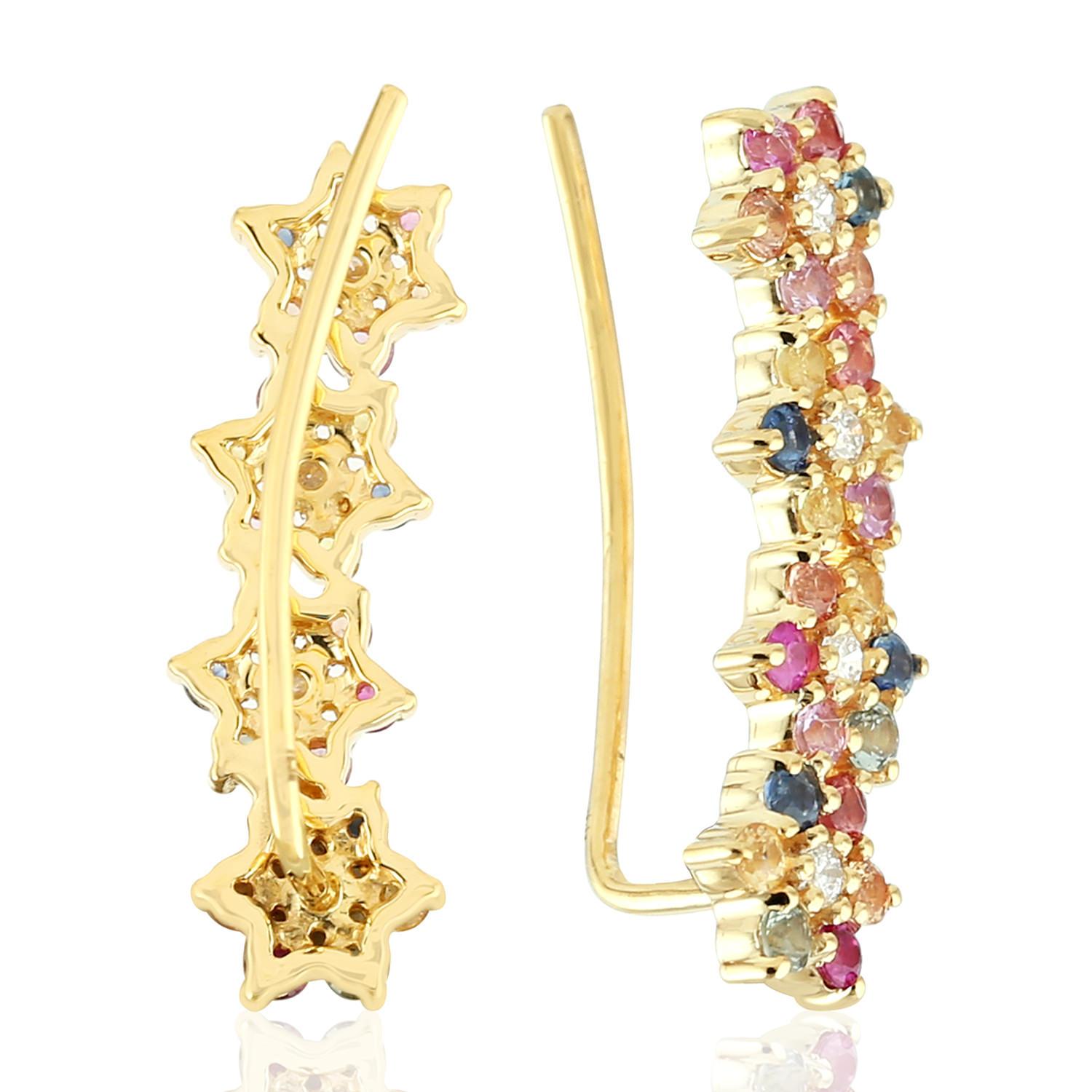 Multi Stein Saphir Diamant 18 Karat Blume Ohrschmiedeeisen (Zeitgenössisch) im Angebot