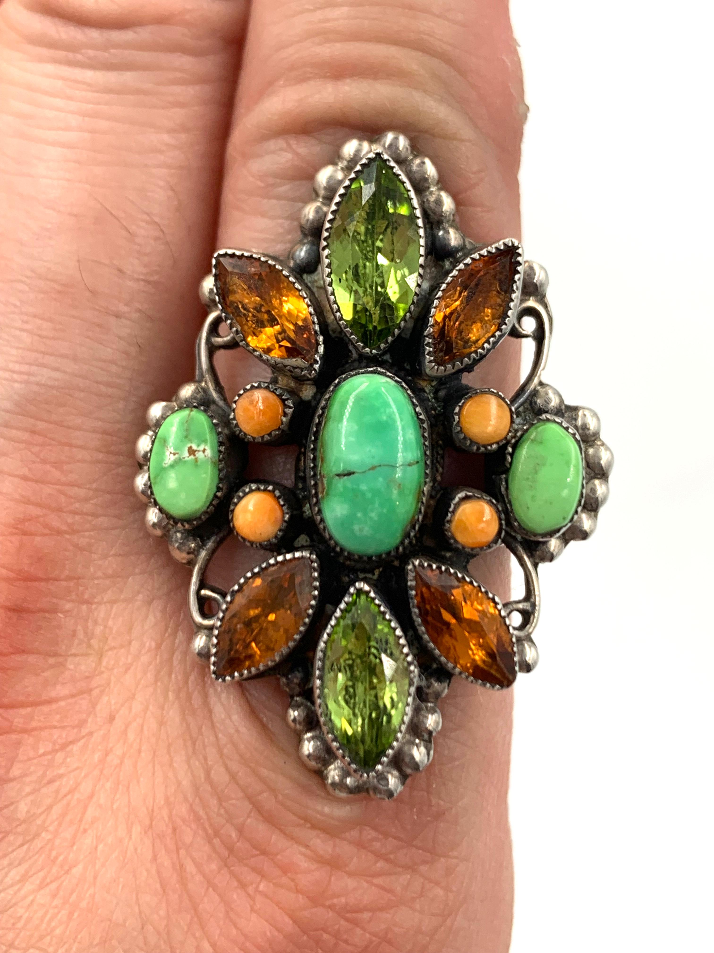 Native American Multi Stone Silver Ring Size 7 ¼ by Leo Feeney For Sale