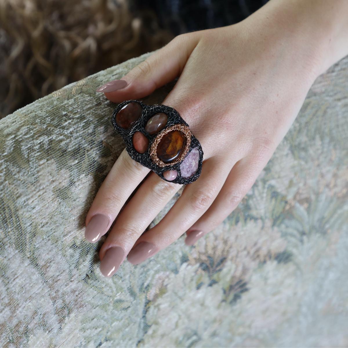 Contemporary Multi Stone Statement Cocktail Ring in Silver and Rose Gold by Artist