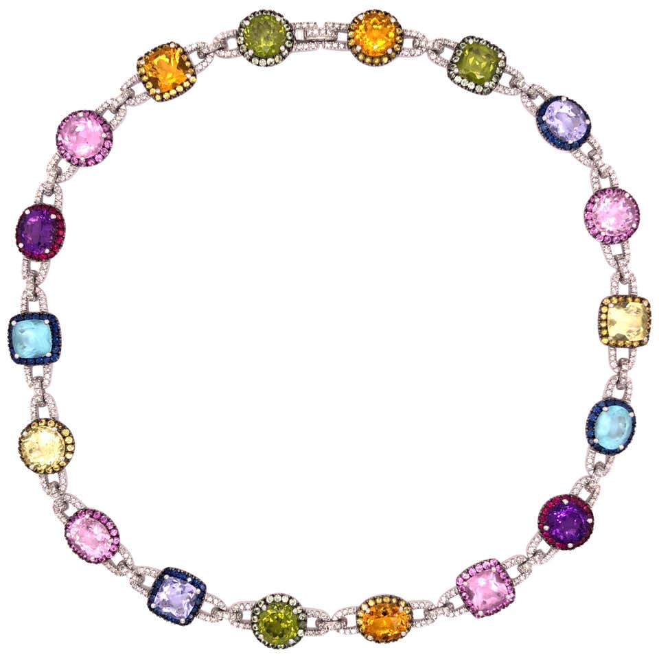 Multi-Stone Station Diamond Necklace in 14 Karat White Gold For Sale at ...