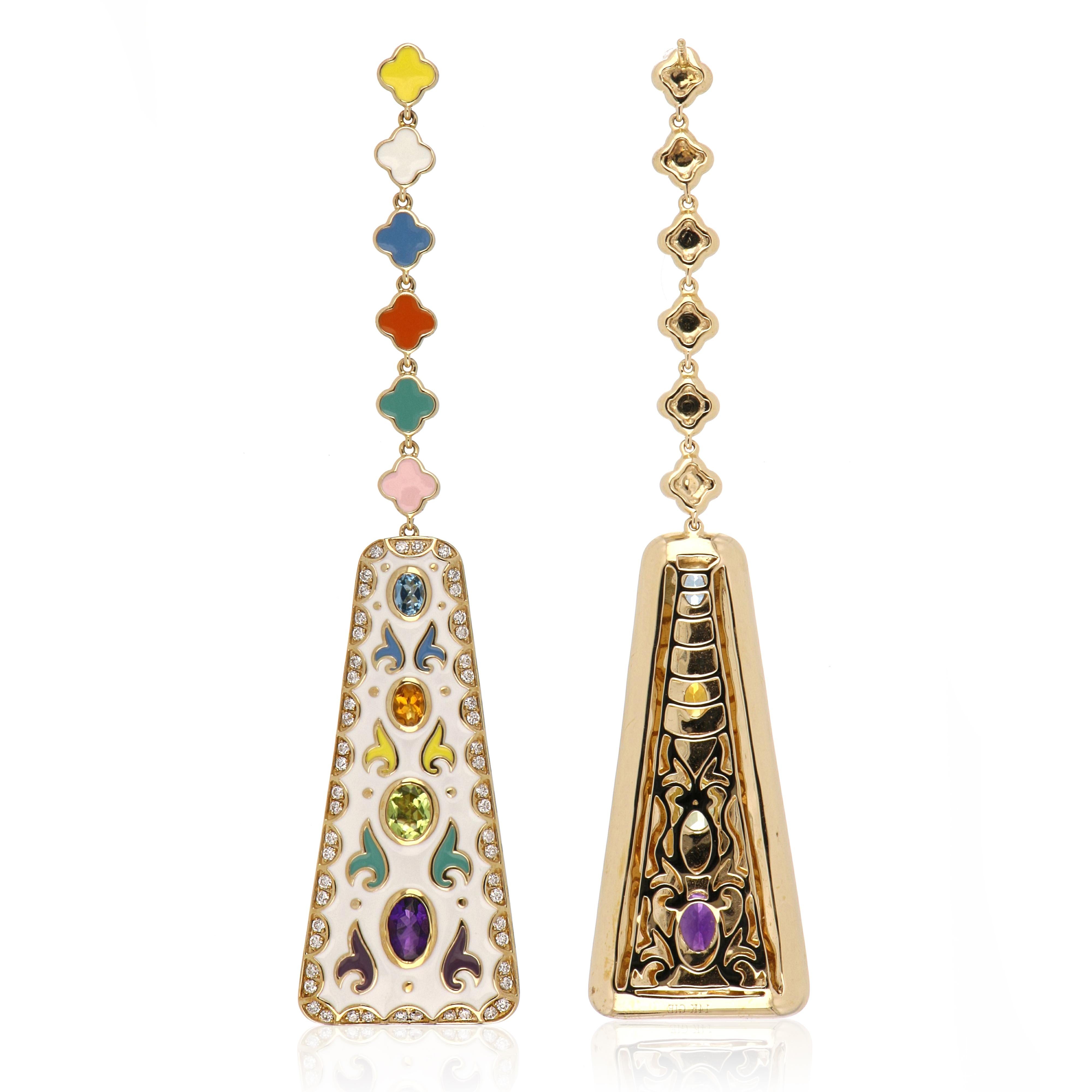 Multi Stone Studded Multi Color Enamel Earrings in 14 Karat Gold For Sale 3