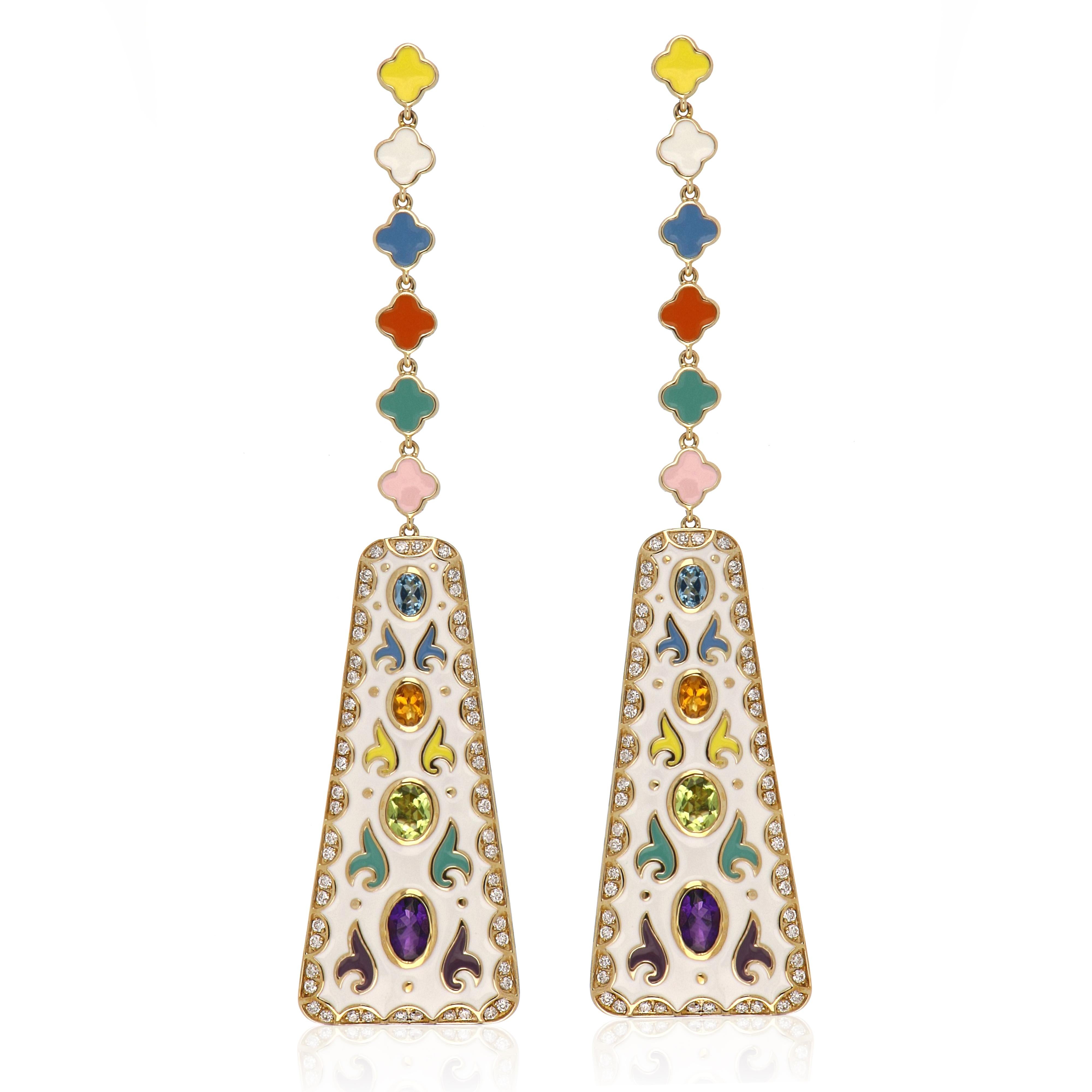 Multi Stone Studded Multi Color Enamel Earrings in 14 Karat Gold For Sale 1