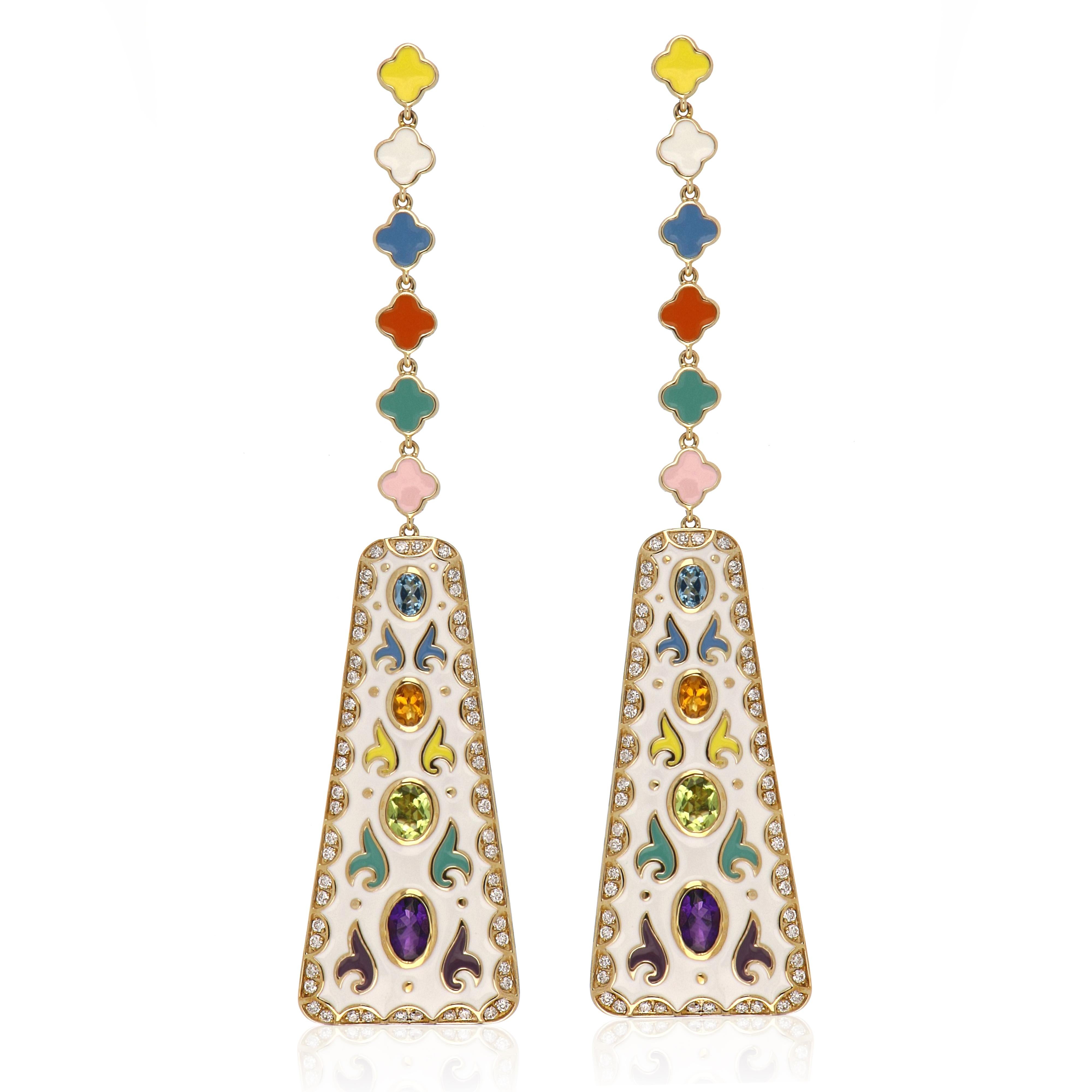 Elegant and exquisite Multi Color Enamel Cocktail 14 K Earring, set with Oval Cut Amethyst 0.92 Cts (Total), Swiss Blue Topaz 0.36 Cts. (Total), Citrine 0.35 Cts. (Total) and Peridot 0.72 Cts. (Total) accented with Diamonds, weighing approx. 0.68