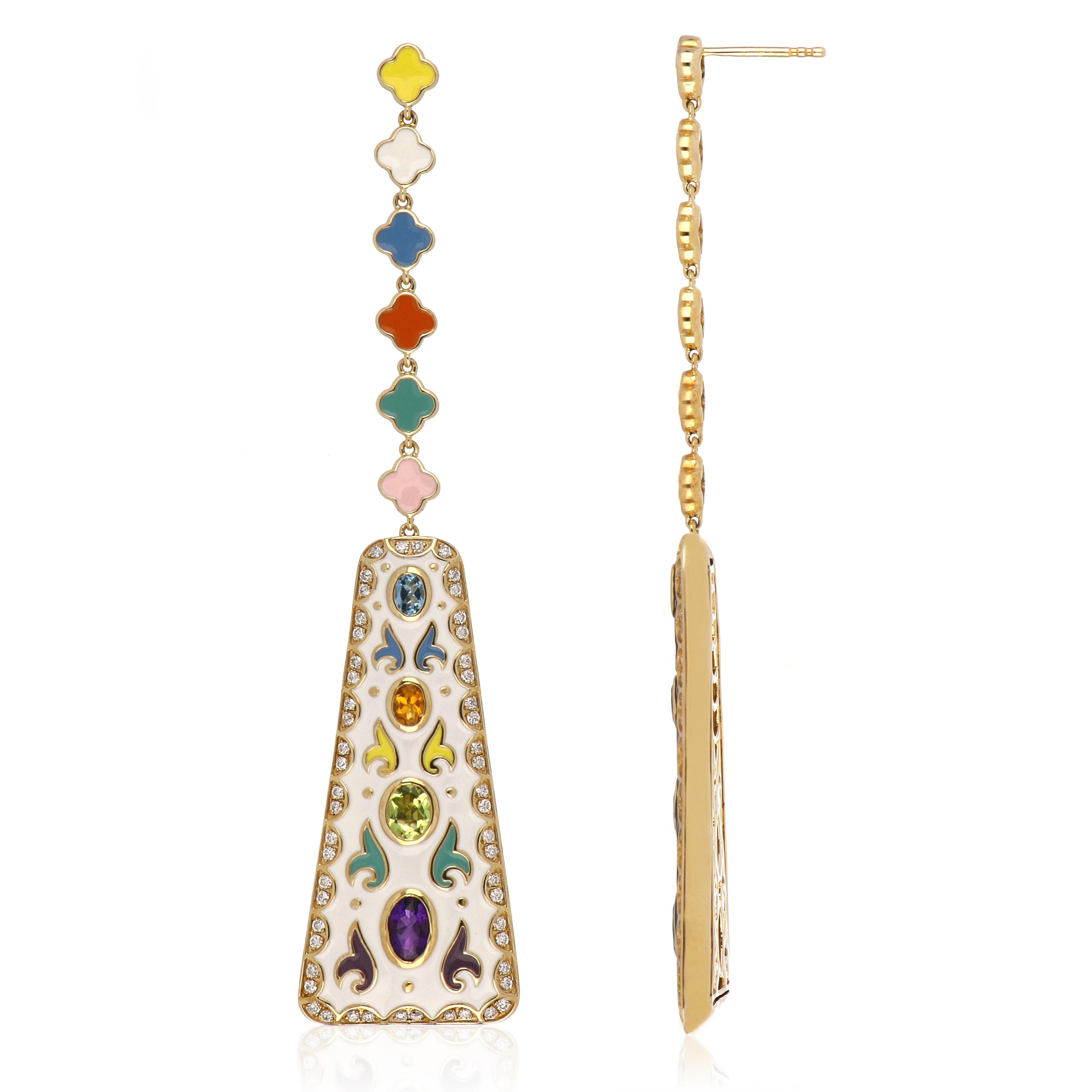 Contemporary Multi Stone Studded Multi Color Enamel Earrings in 14 Karat Gold For Sale