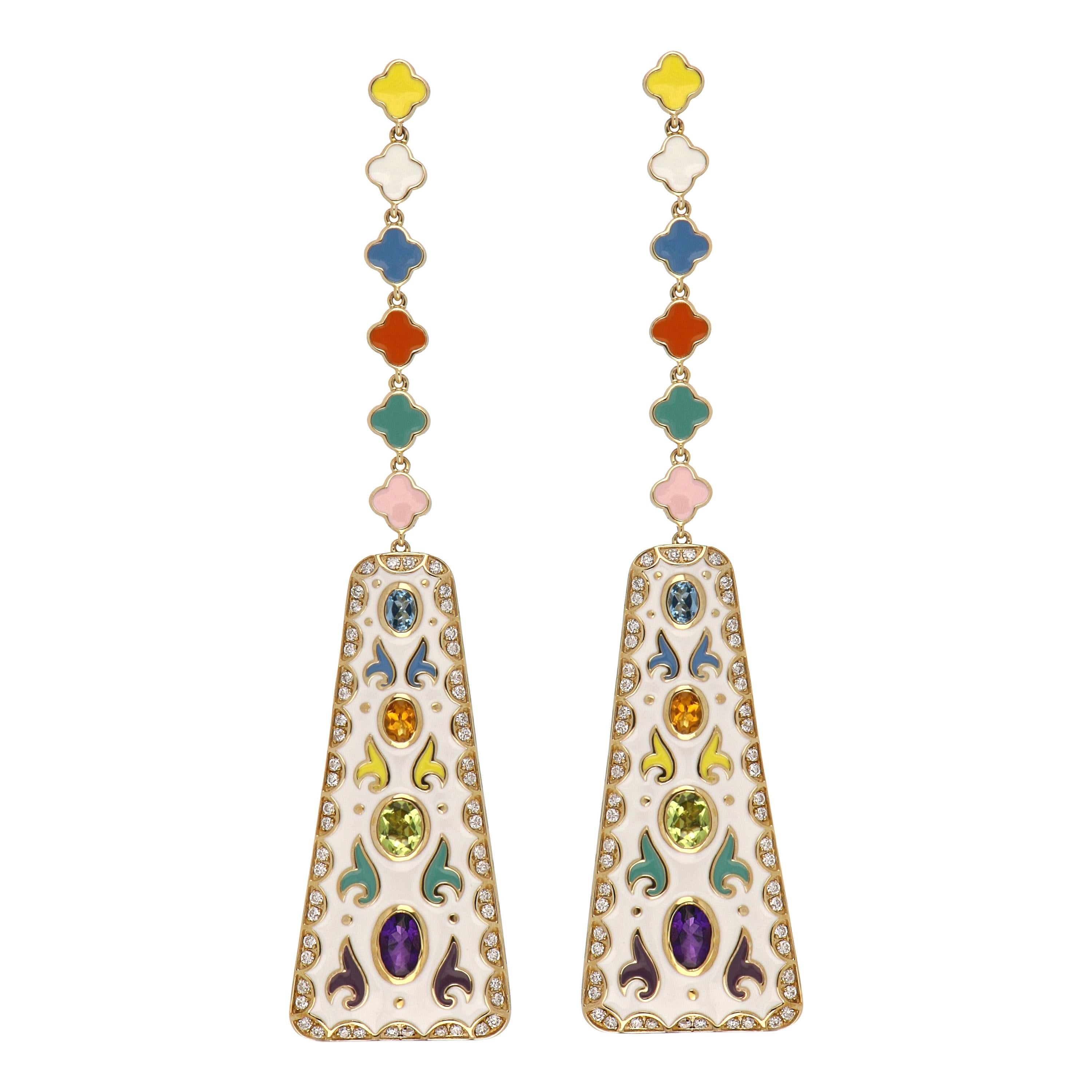 Multi Stone Studded Multi Color Enamel Earrings in 14 Karat Gold For Sale