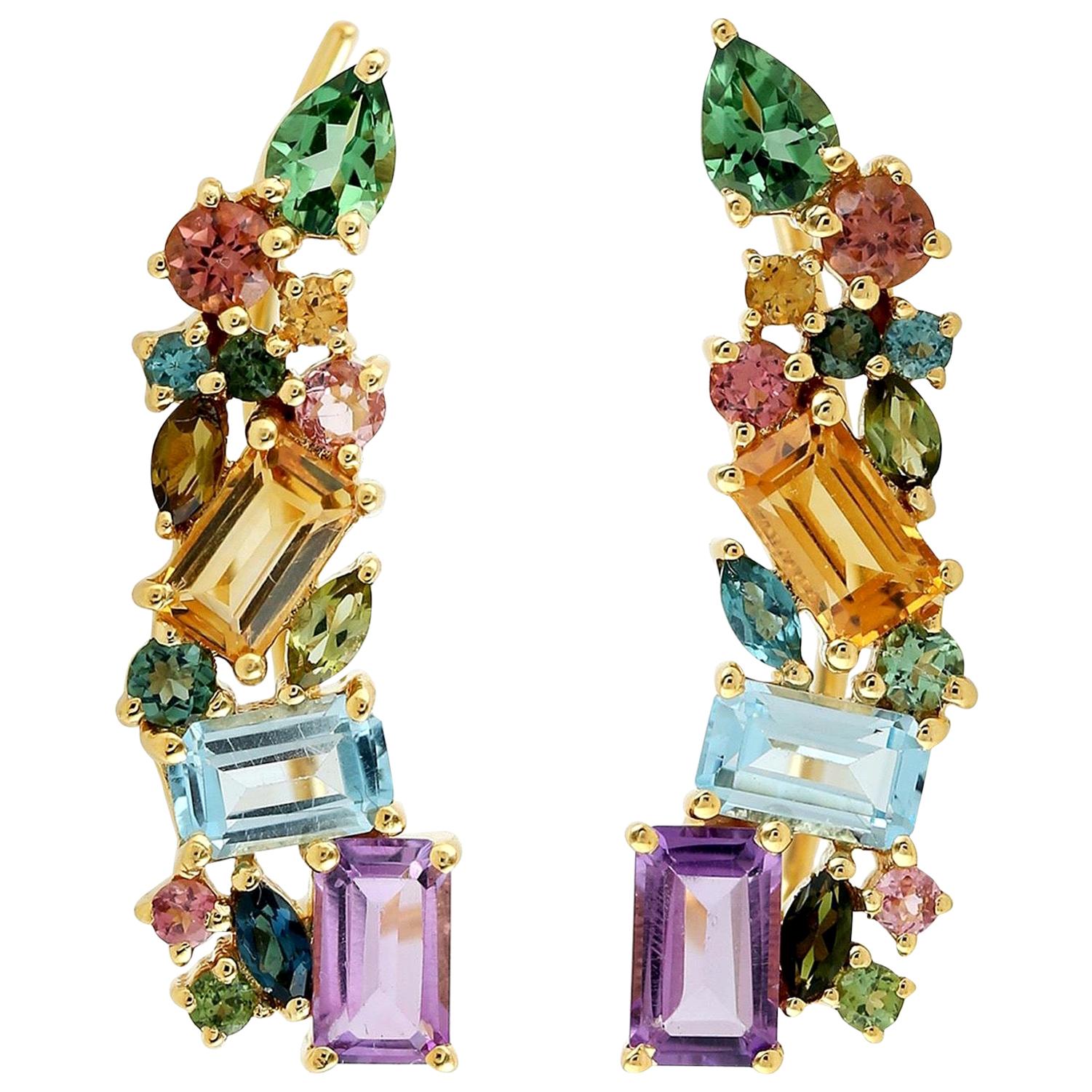 Multi Stone Tourmaline Sapphire 14 Karat Ear Climbers Earrings For Sale