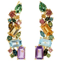 Boucles d'oreilles pendantes en or 14 carats avec tourmaline et saphirs multi-pierres