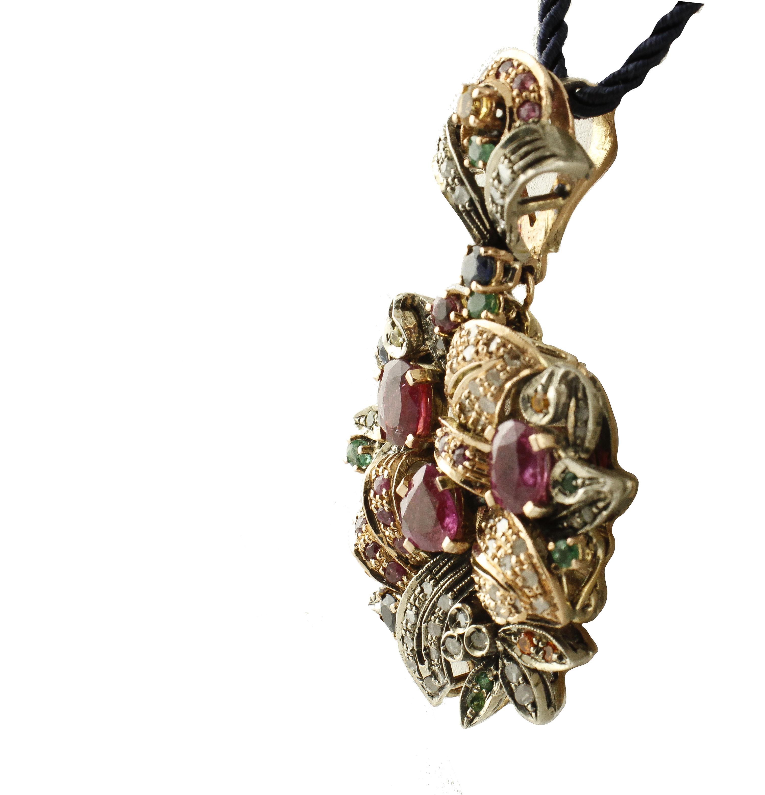 Retro  Multi Stones Rubies, Emeralds, Sapphires Rose Gold and Silver Pendant Necklace 