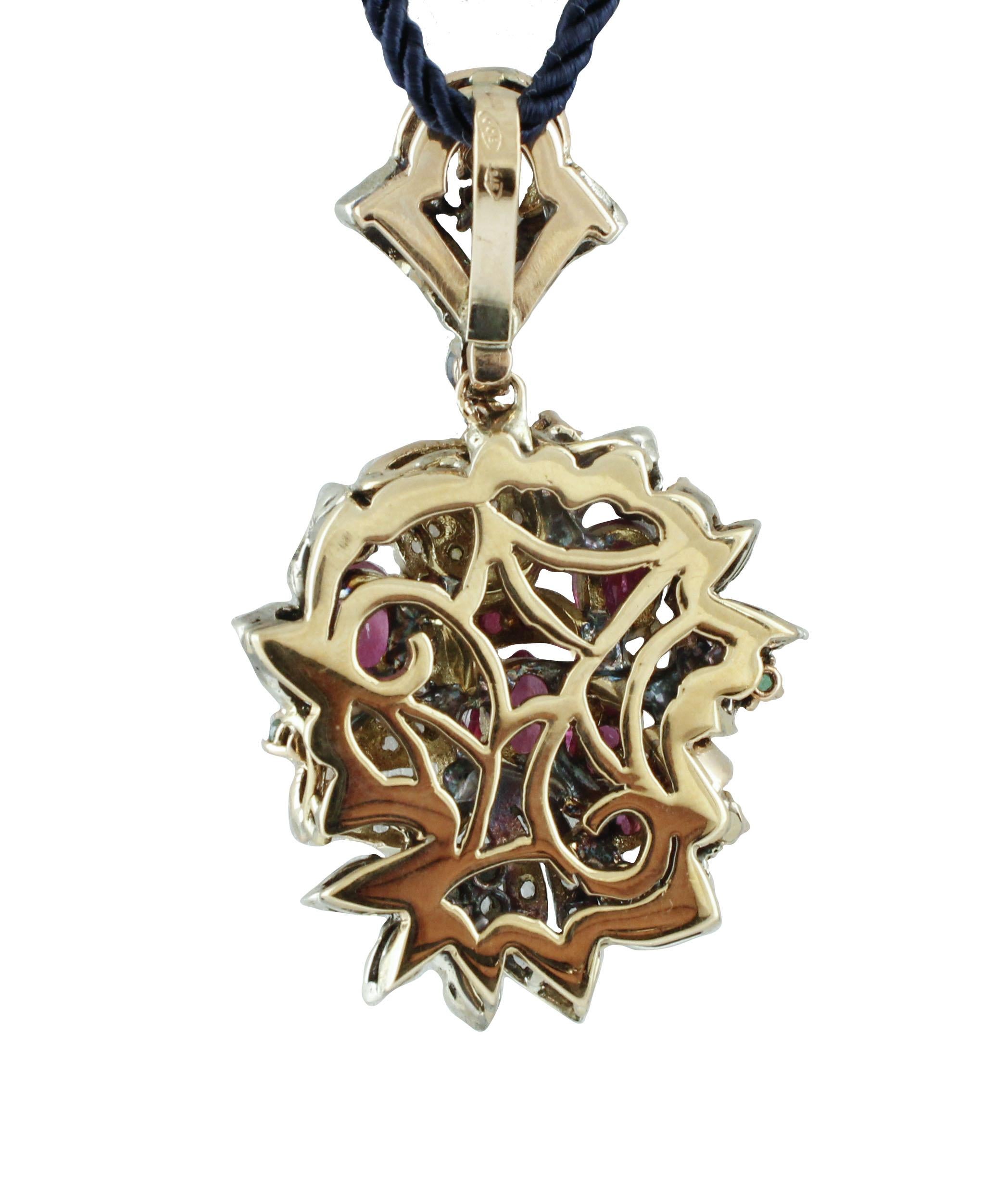 Rose Cut  Multi Stones Rubies, Emeralds, Sapphires Rose Gold and Silver Pendant Necklace 