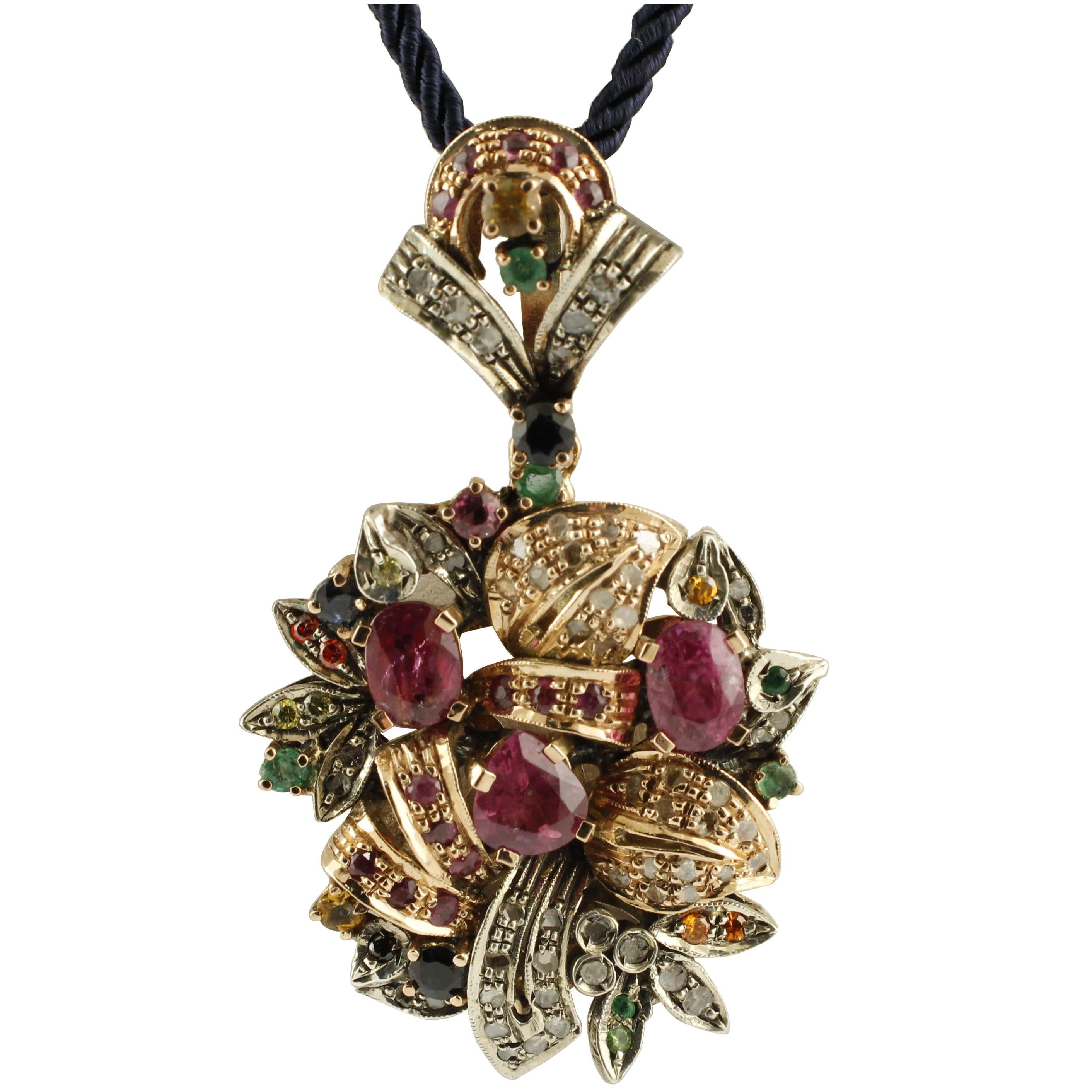  Multi Stones Rubies, Emeralds, Sapphires Rose Gold and Silver Pendant Necklace 