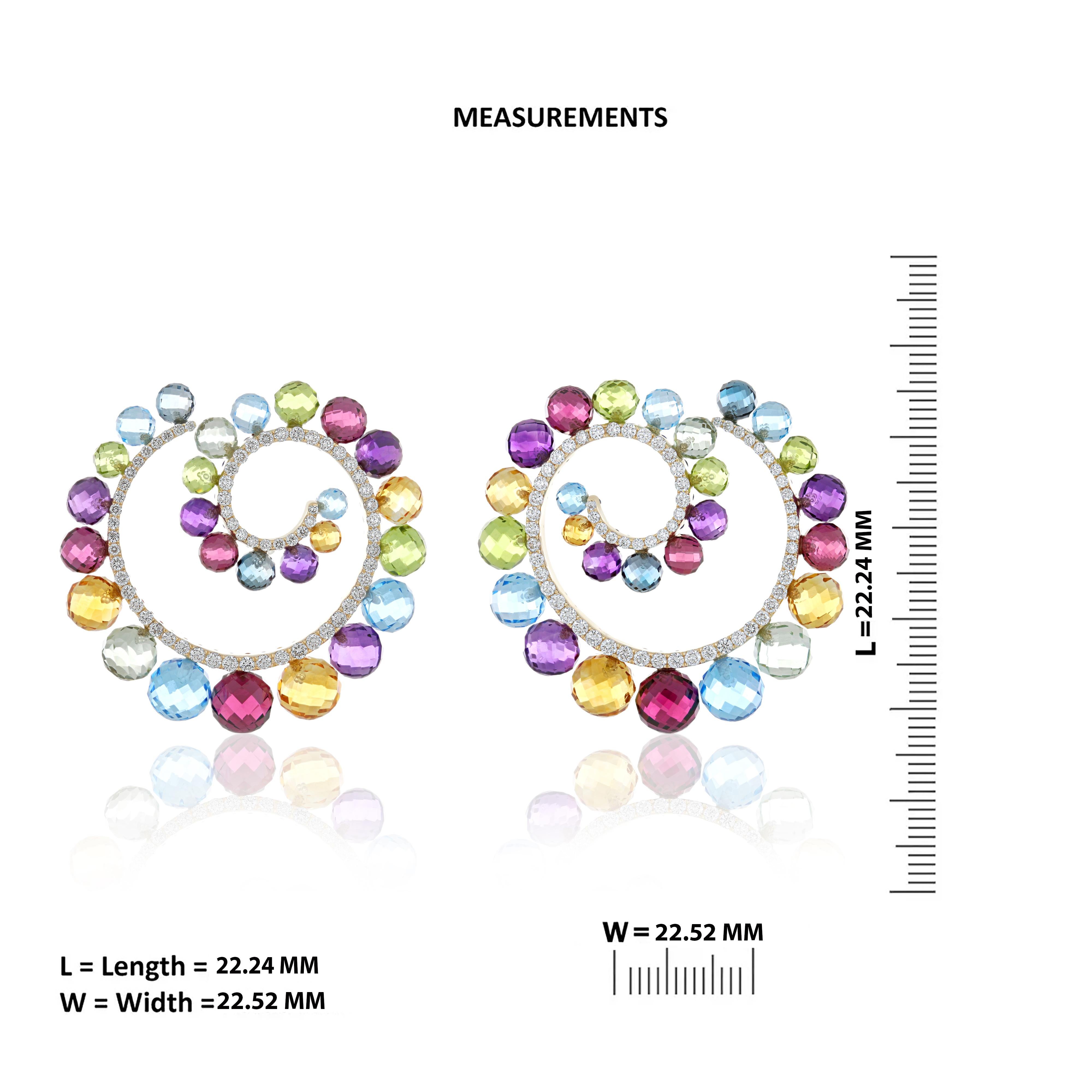 Ball Cut Multi Stones, Multi Sapphire and Diamond Studded Earrings in 14k Yellow Gold For Sale