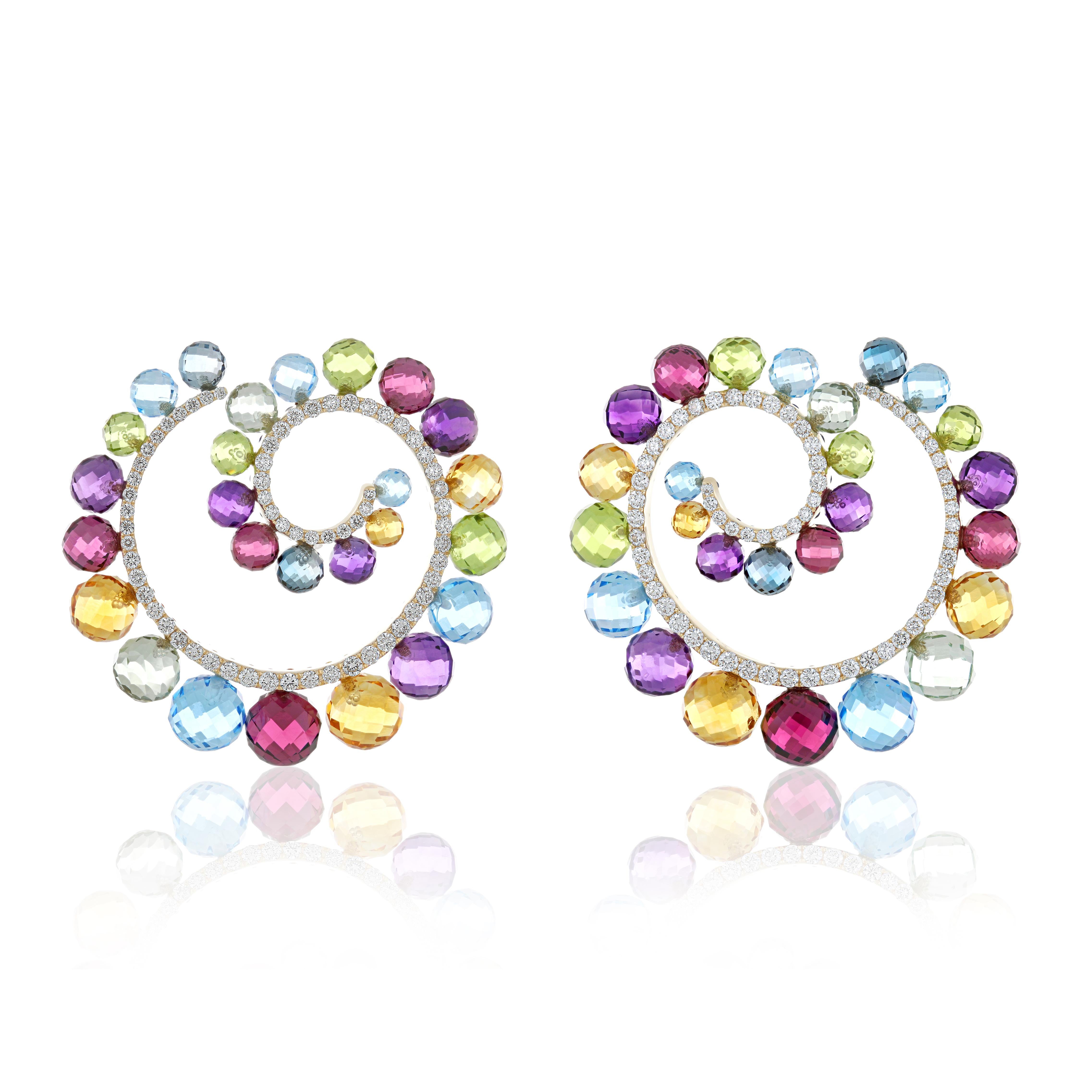 Multi Stones, Multi Sapphire and Diamond Studded Earrings in 14k Yellow Gold For Sale 2