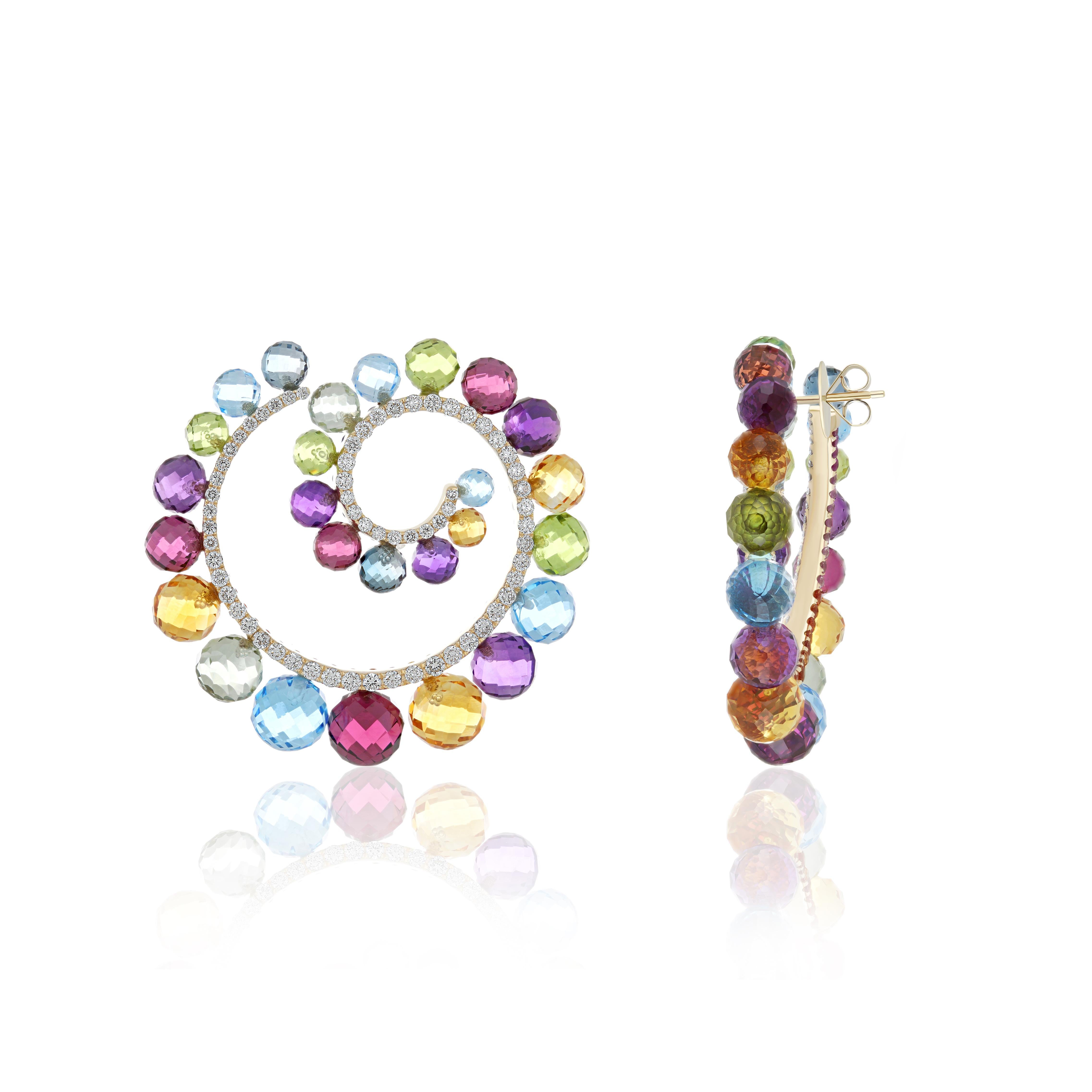 Multi Stones, Multi Sapphire and Diamond Studded Earrings in 14k Yellow Gold For Sale 3
