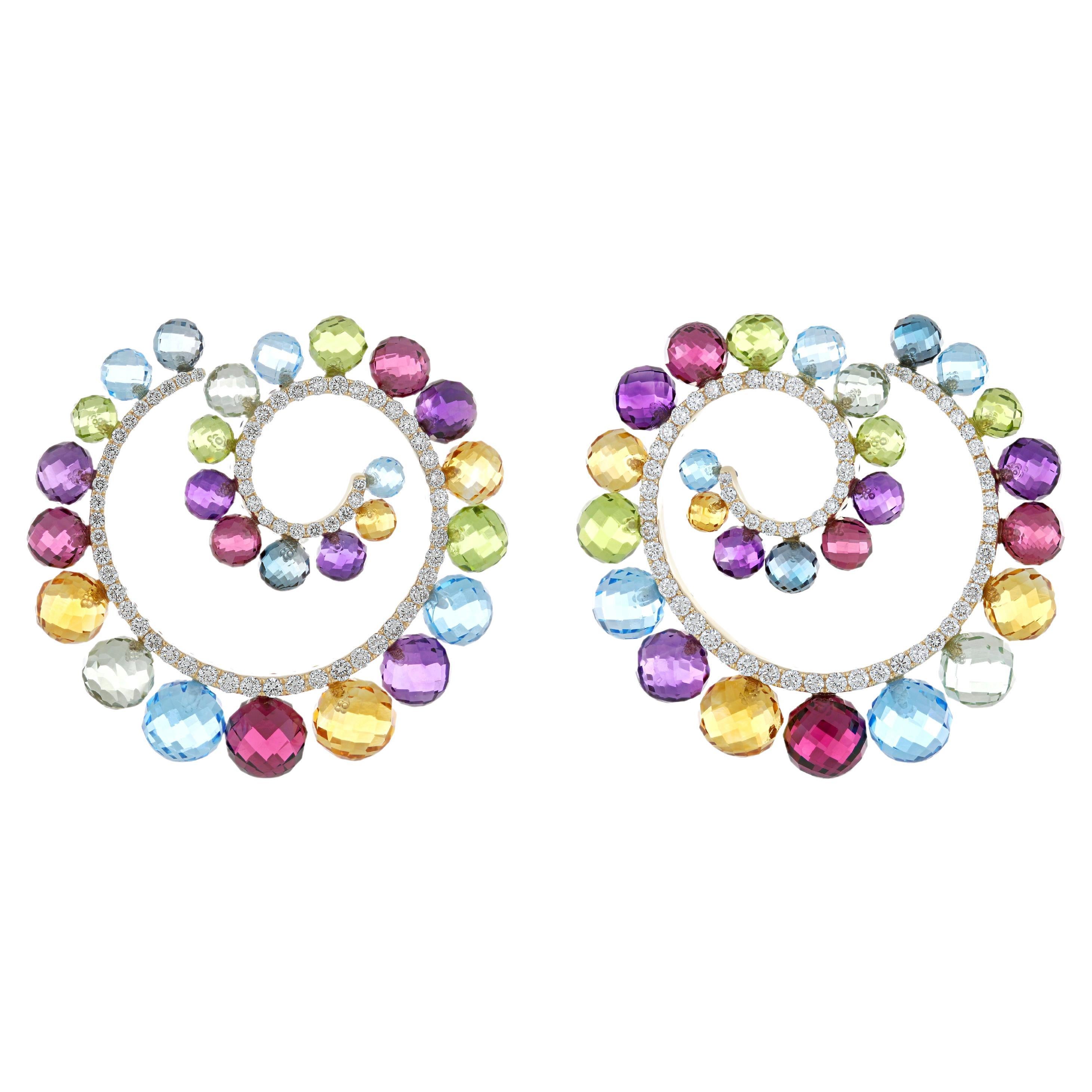 Boucles d'oreilles multi pierres, multi saphirs et diamants en or jaune 14k