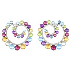 Multi Stones, Multi Sapphire and Diamond Studded Earrings in 14k Yellow Gold
