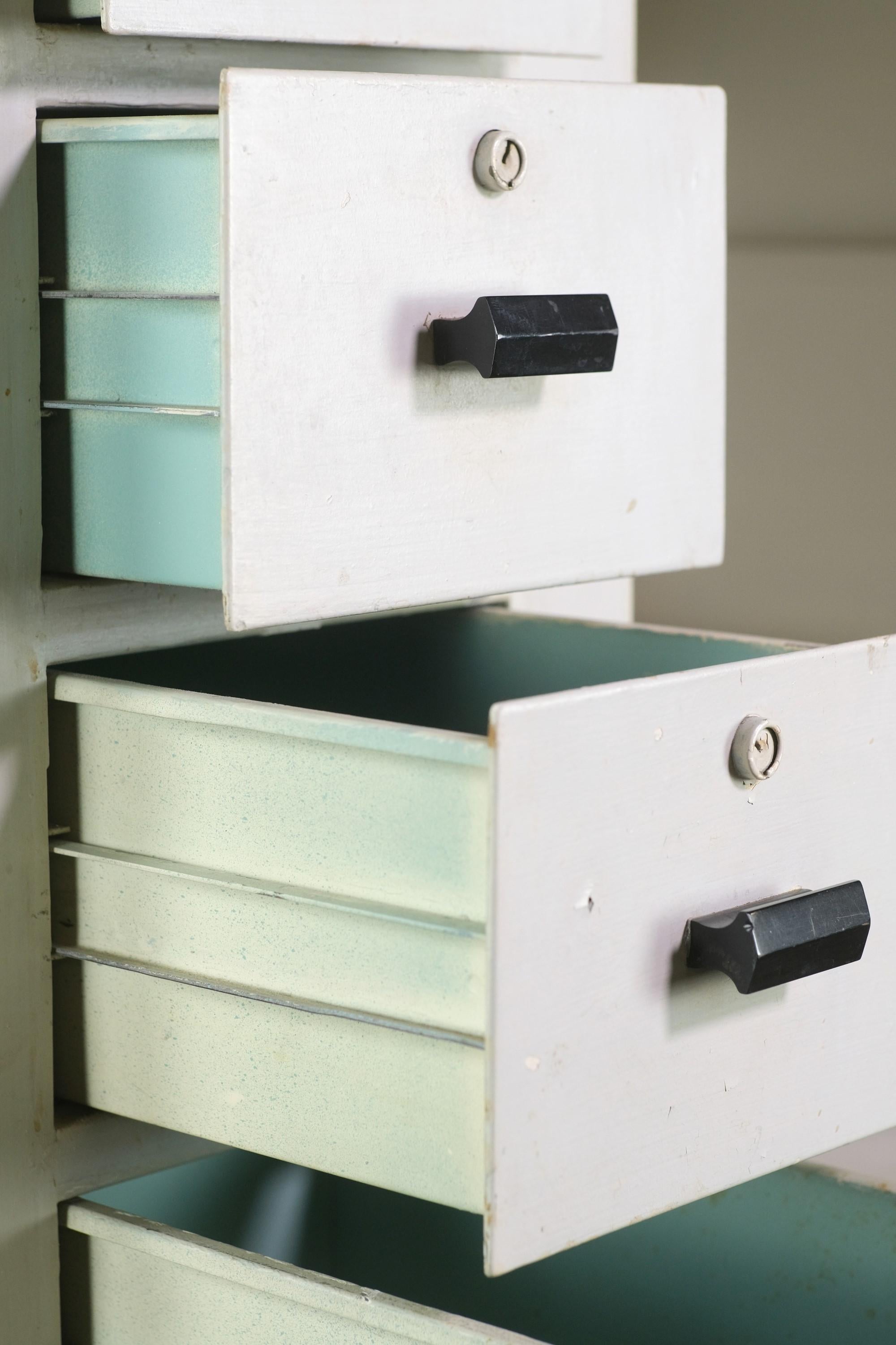 Multi-Storage Art Deco Steel Medical Cabinet Painted White w/ Orig, Black Pulls 3