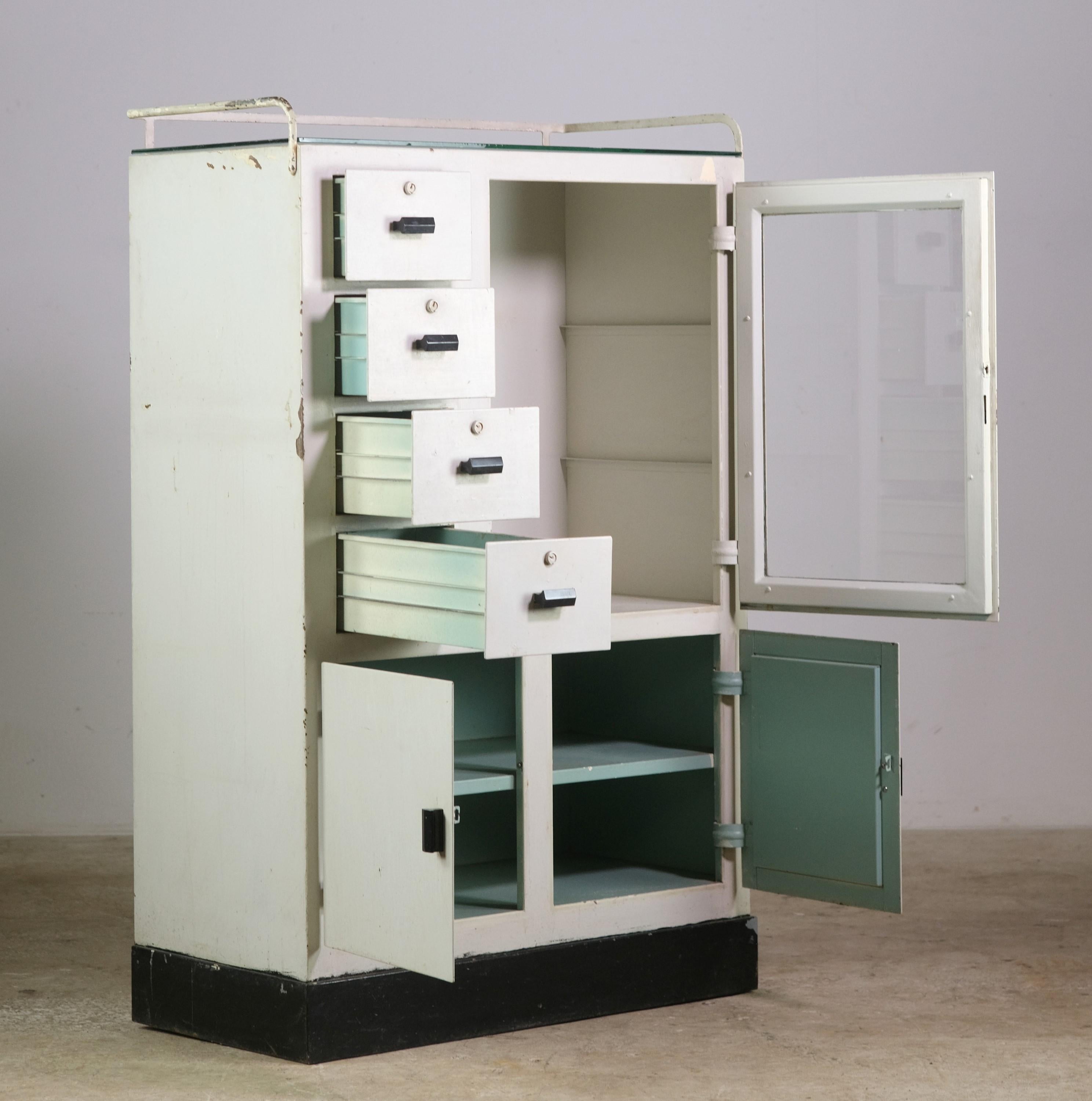 Multi-Storage Art Deco Steel Medical Cabinet Painted White w/ Orig, Black Pulls 1