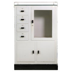 Used Multi-Storage Art Deco Steel Medical Cabinet Painted White w/ Orig, Black Pulls