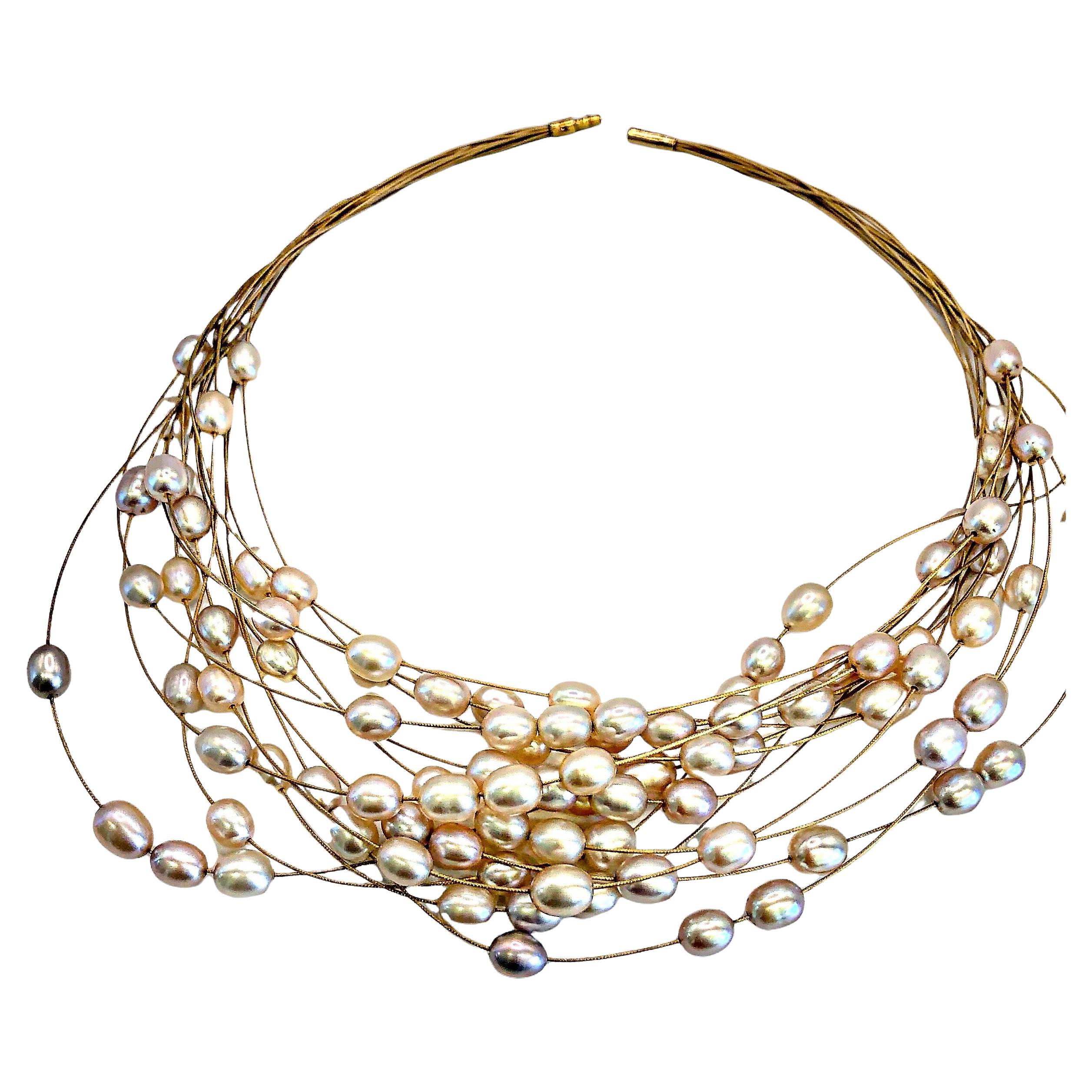 Multi-Strand 14K Yellow Gold Fun and Flirty Cultured Pearl Choker Necklace